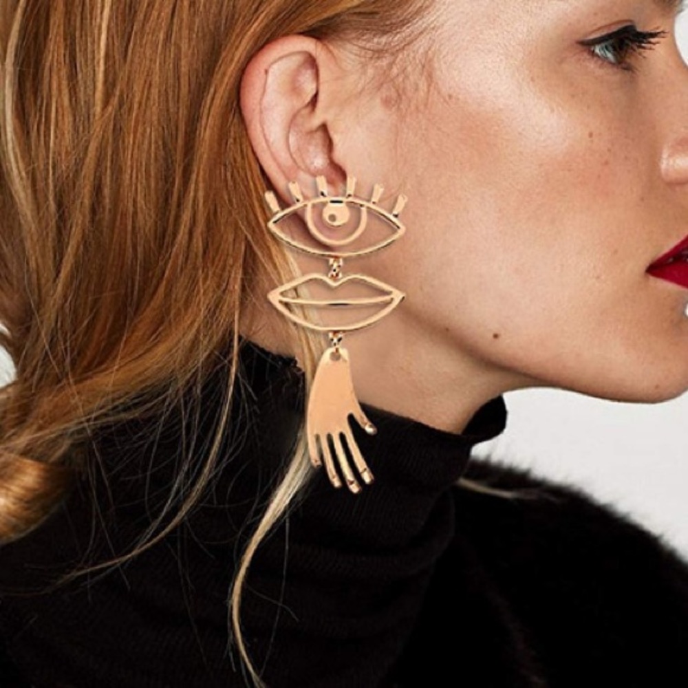 Abstract Gold Funky Eye Womans Earrings New 45$